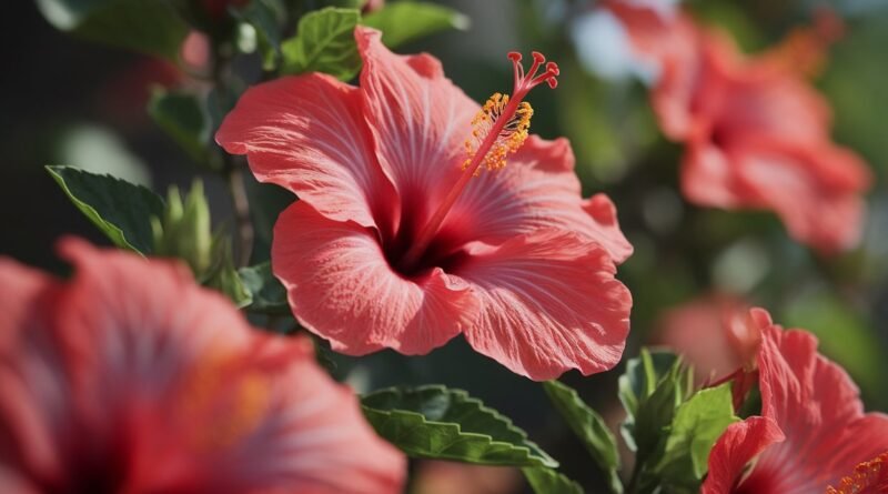 Чаша чај од хибискус со свежи и сушени цветови од хибискус поставени на дрвена површина во природа, со зелена позадина и природна светлина