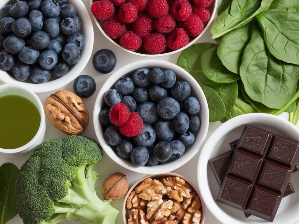 Flat lay arrangement of various antioxidant-rich foods including blueberries, raspberries, spinach, broccoli, walnuts, and dark chocolate.
