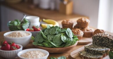 A wooden table with bowls of spinach, strawberries, oats, and muffins, showcasing a variety of fresh and baked food items.