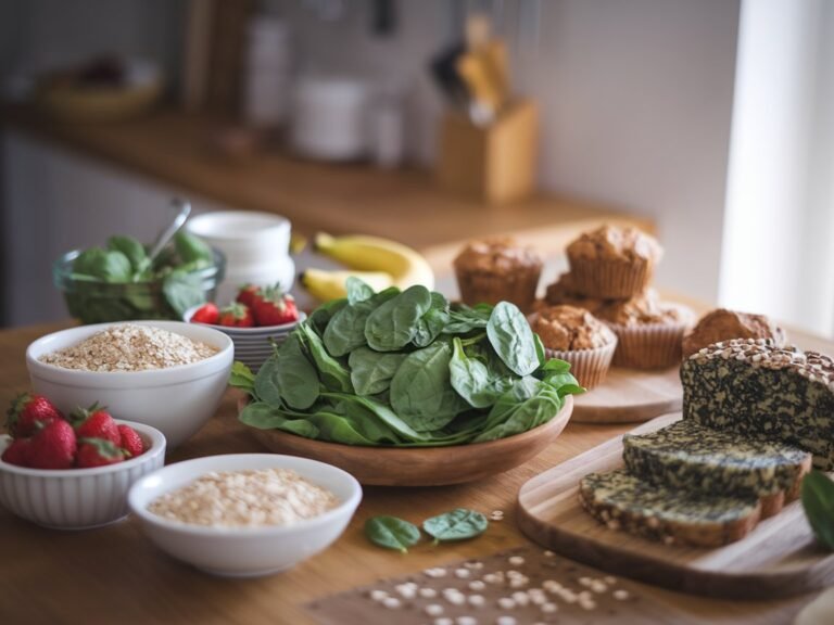 A wooden table with bowls of spinach, strawberries, oats, and muffins, showcasing a variety of fresh and baked food items.