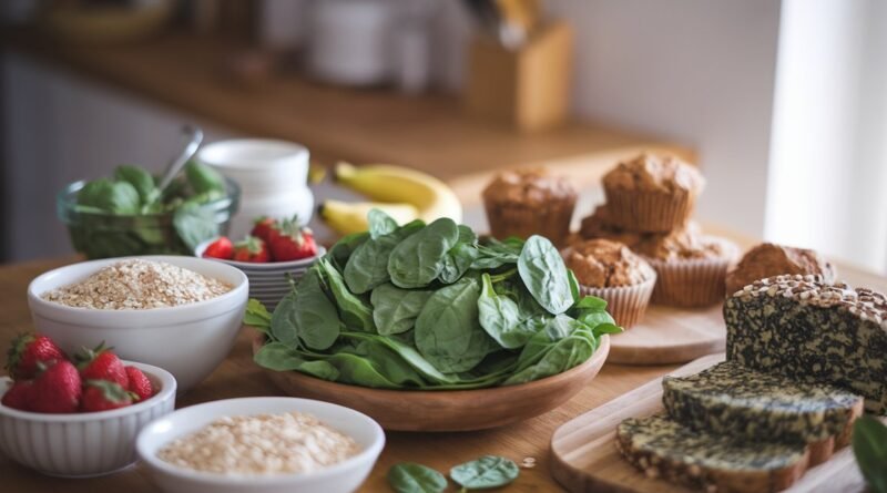A wooden table with bowls of spinach, strawberries, oats, and muffins, showcasing a variety of fresh and baked food items.