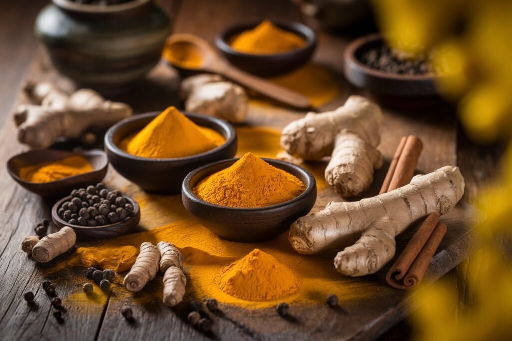 Bowls of turmeric powder and fresh ginger roots arranged on a wooden surface, accompanied by black pepper and cinnamon sticks.