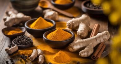 Bowls of turmeric powder and fresh ginger roots arranged on a wooden surface, accompanied by black pepper and cinnamon sticks.