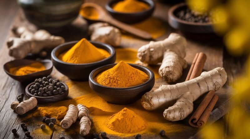 Bowls of turmeric powder and fresh ginger roots arranged on a wooden surface, accompanied by black pepper and cinnamon sticks.