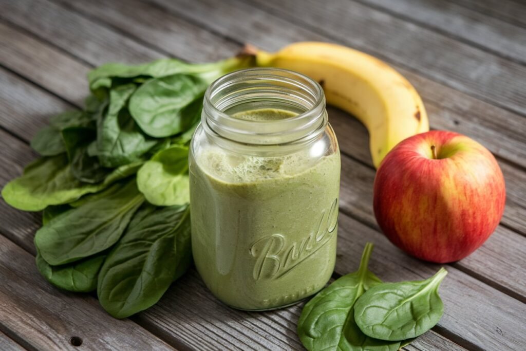 A glass jar filled with green smoothie, surrounded by fresh spinach leaves, a banana, and a red apple on a wooden surface.