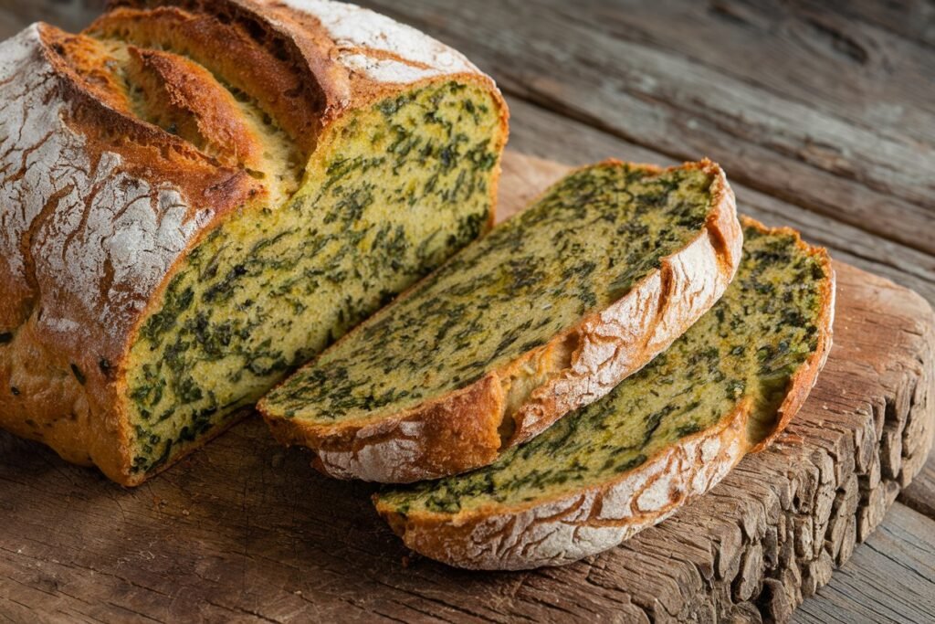 Loaf of green spinach bread with slices cut, showing a textured crust and vibrant green interior on a wooden cutting board.