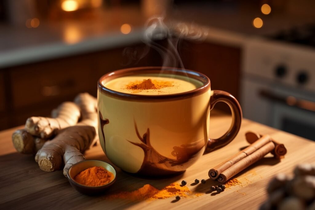 A steaming cup of golden milk topped with turmeric powder, surrounded by fresh ginger roots and cinnamon sticks.