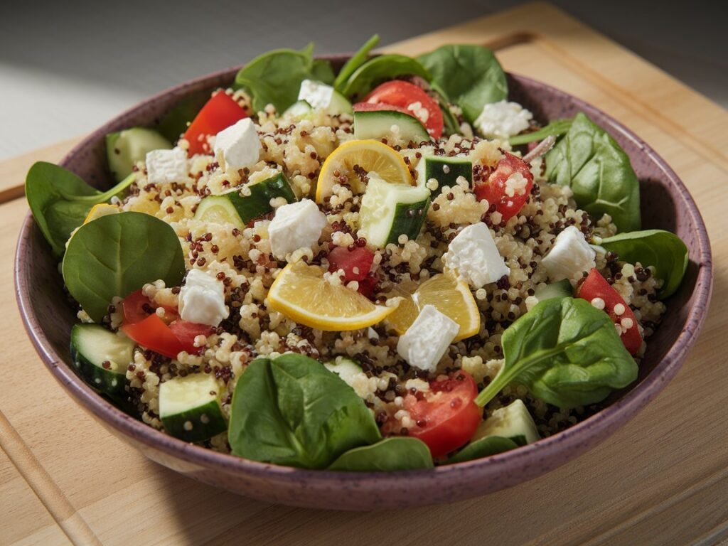 Bowl of quinoa salad with spinach, tomatoes, cucumbers, feta cheese, and lemon slices arranged neatly.