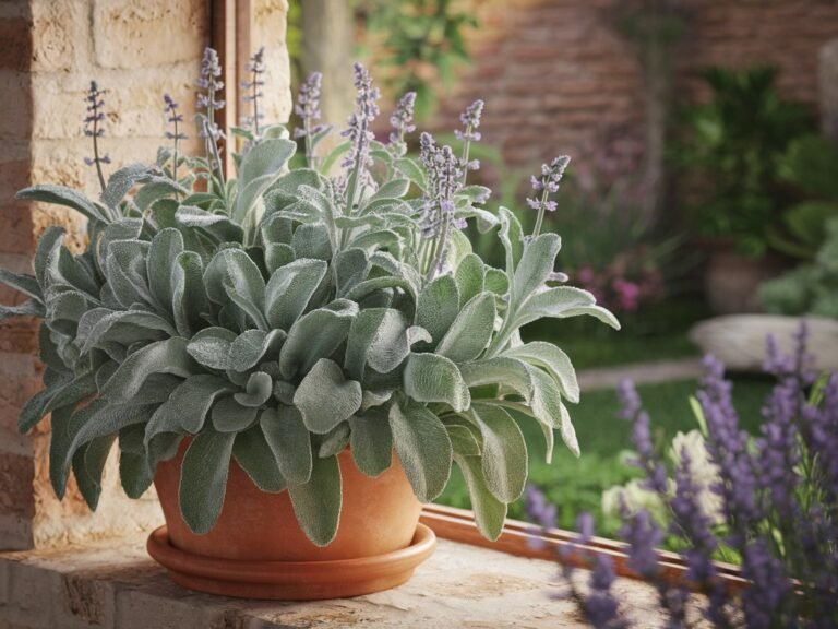 Sage plant in a terracotta pot with green leaves and purple flowers, positioned near a window.