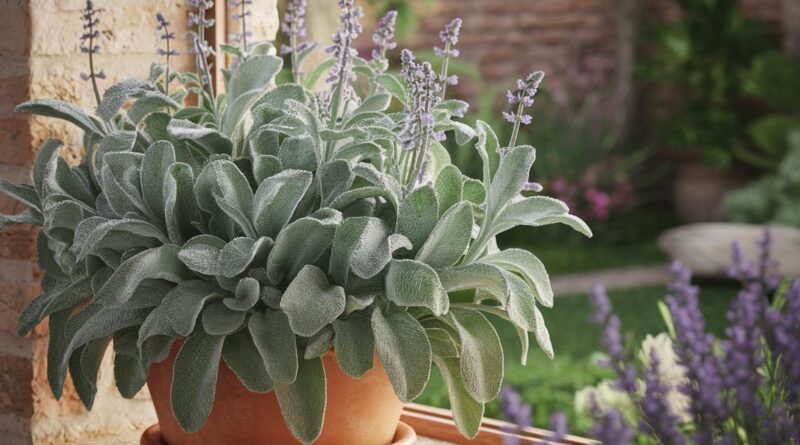 Sage plant in a terracotta pot with green leaves and purple flowers, positioned near a window.