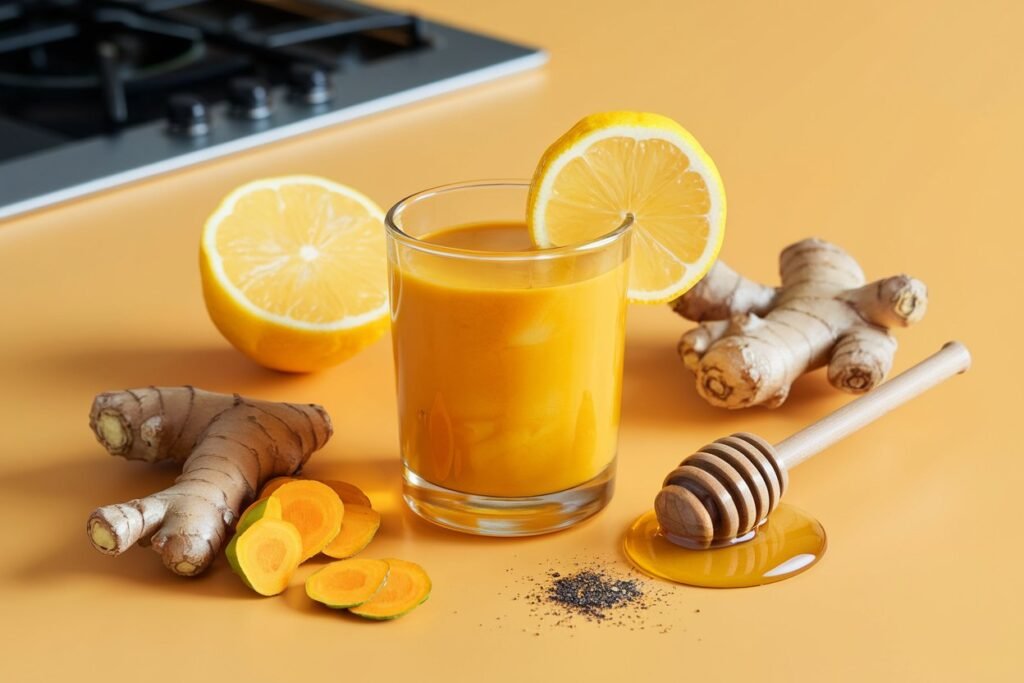 Turmeric drink in a glass with lemon slices, fresh turmeric roots, and honey on a yellow background.