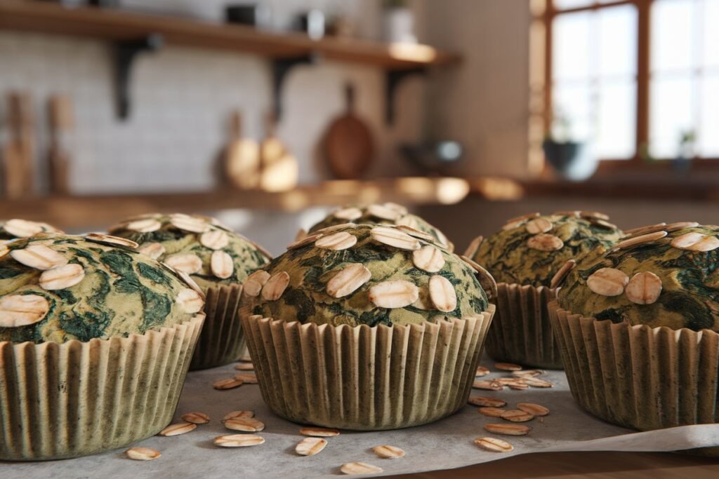 Homemade spinach muffins topped with oats, arranged on a baking tray with a blurred kitchen background.