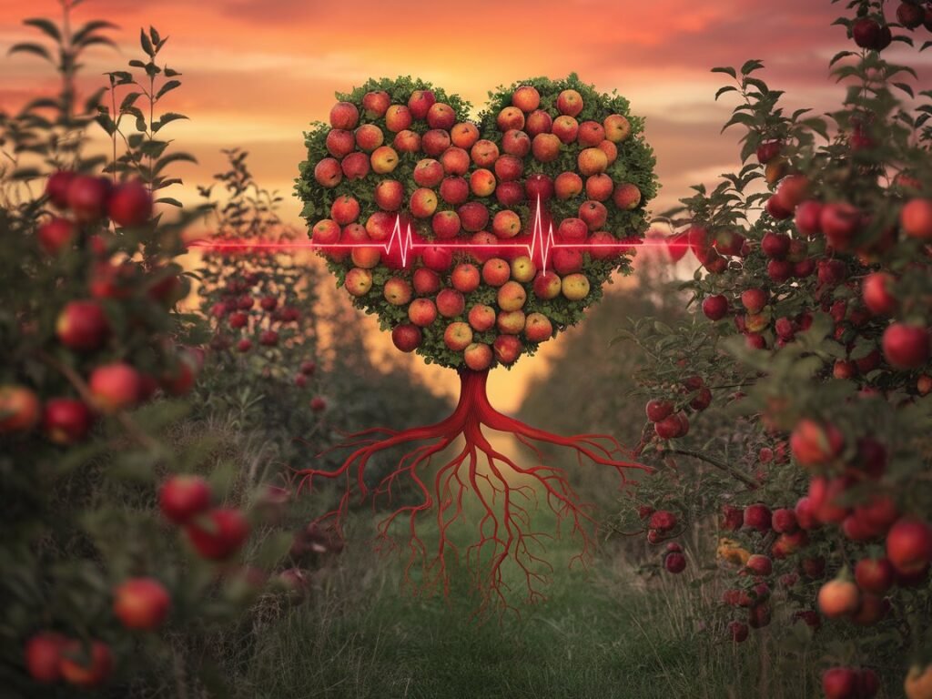 A heart-shaped tree made of apples with visible roots and a heartbeat line in the background, set in an orchard during sunset.