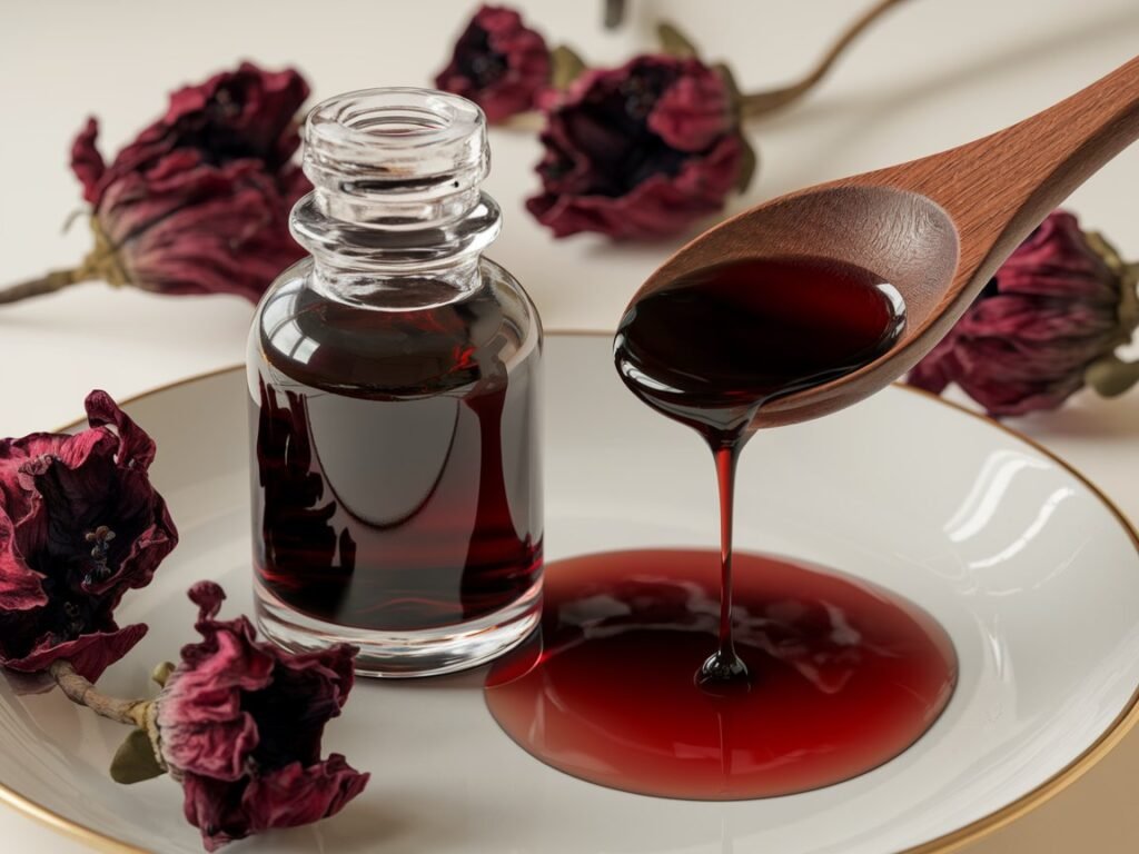 сируп од хибиску во дрвена лажица и сушени цветови наоколу