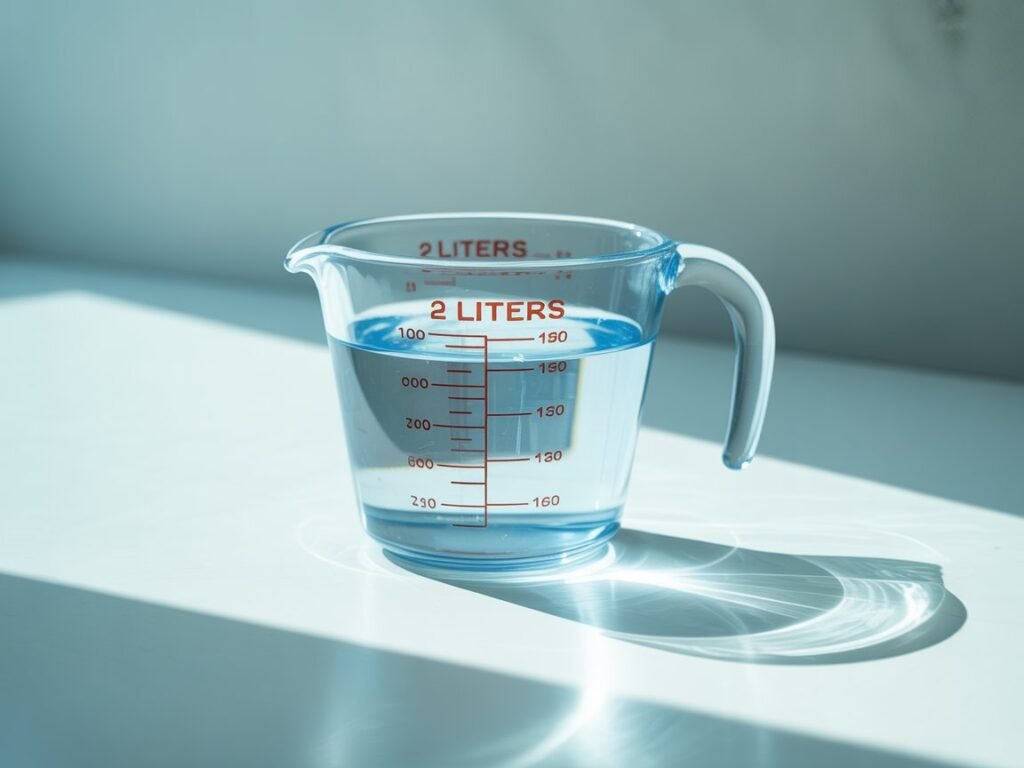 Transparent glass measuring cup with water, marked with measurements up to 2 liters on the side.