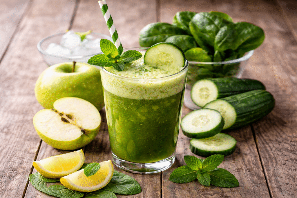 Green smoothie in a glass with cucumber, apple, lemon, and mint leaves on a wooden surface.
