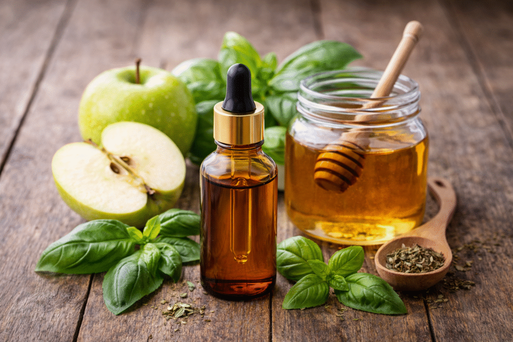 Amber glass dropper bottle next to green apple slices, honey jar with wooden dipper, and fresh basil leaves on a wooden surface.