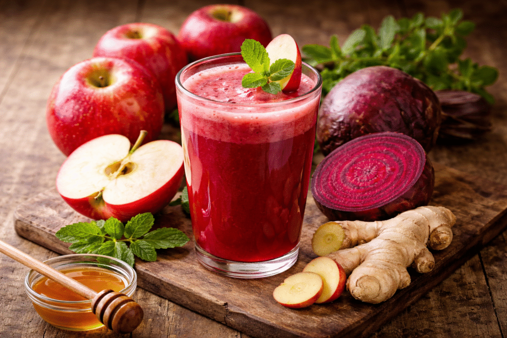Чаша свеж црвен сок од јаболко, цвекло и ѓумбир поставена на дрвена маса, опкружена со свежи јаболка, пресечено цвекло, корен од ѓумбир, листови нане и мала чинија со мед, во топла природна светлина, без текст.