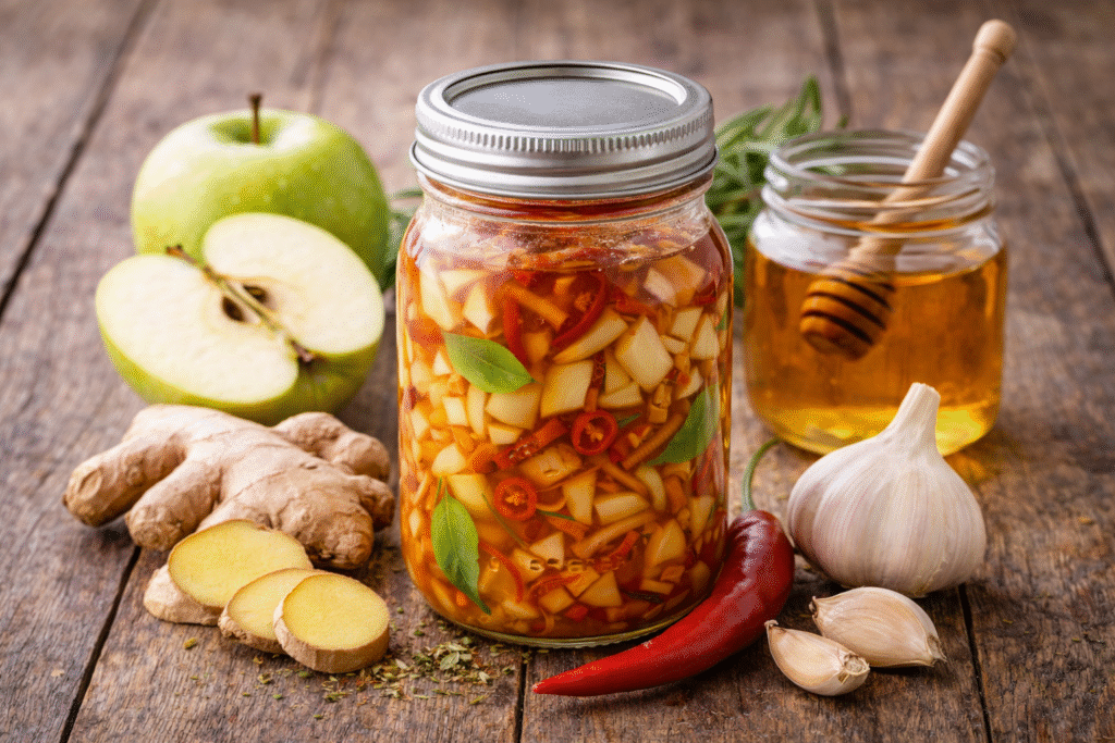 „Огнен јаболков оцет (Fire Cider) во стаклена тегла, подготвен со јаболка, лук, ѓумбир, лута пиперка и мед, поставен на дрвена површина – природен напиток за зајакнување на имунитетот и при настинка.“