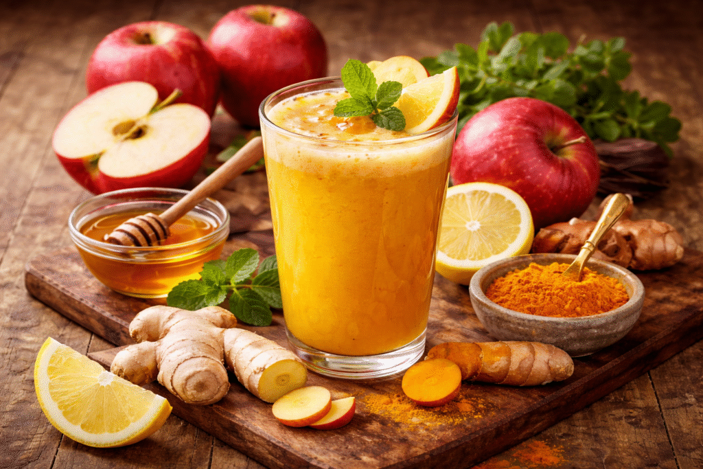 Чаша златножолт јаболков еликсир со куркума и мед на дрвена маса, опкружена со свежи јаболка, парчиња лимон, корен од ѓумбир, свежа куркума во прав, листови нане и мала чинија со мед, осветлено со топла природна светлина, во 4:3 формат, без текст.