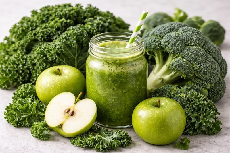 „Јаболков сок со кељ и брокули, подготвен од зелени јаболка – свеж зелен напиток во стаклена тегла“
