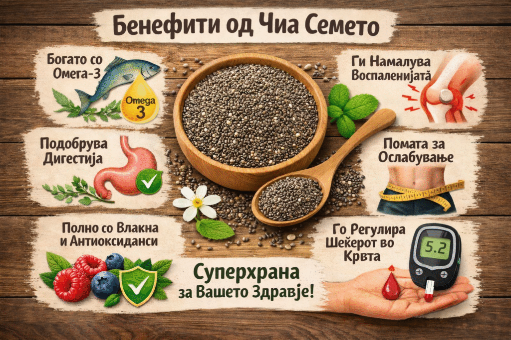 Chia seed benefits infographic displaying health advantages like Omega-3, digestion support, and blood sugar regulation.