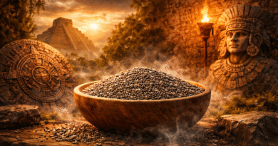 Wooden bowl filled with seeds, surrounded by ancient stone carvings and a pyramid in the background, with a warm, atmospheric glow.