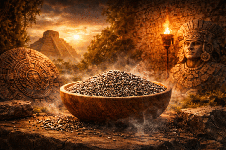 Wooden bowl filled with seeds, surrounded by ancient stone carvings and a pyramid in the background, with a warm, atmospheric glow.