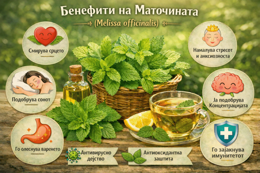 Illustration of the benefits of Lemon Balm (Melissa officinalis) with icons depicting stress relief, improved sleep, and digestive health.