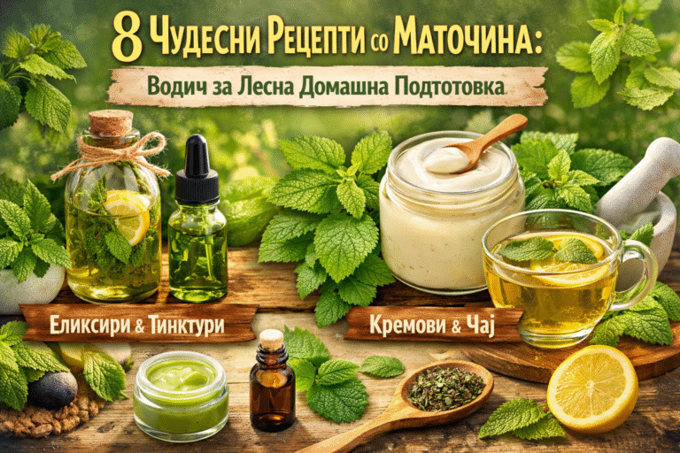 Eight recipes with lemon balm displayed, including oils, tinctures, creams, and tea in jars and bottles with fresh herbs.
