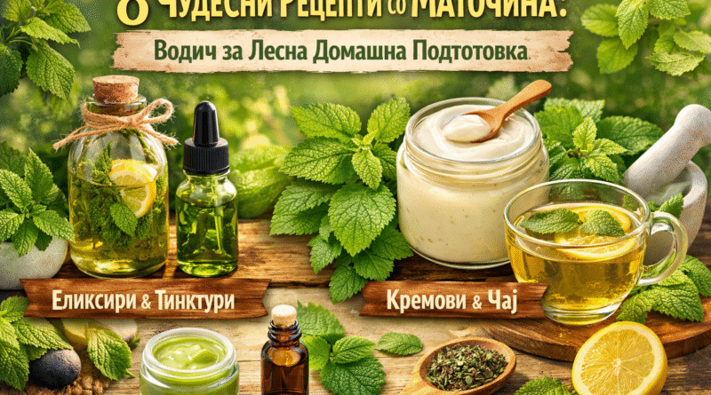 Eight recipes with lemon balm displayed, including oils, tinctures, creams, and tea in jars and bottles with fresh herbs.