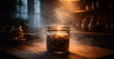 Стаклена тегла полна со ореви на дрвена маса во топло, мистично осветлена кујна – природна храна за здраво срце и остар ум.