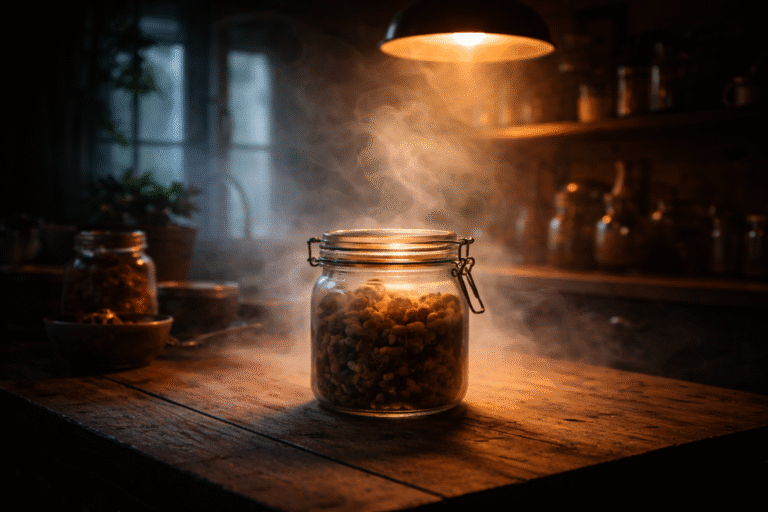 Стаклена тегла полна со ореви на дрвена маса во топло, мистично осветлена кујна – природна храна за здраво срце и остар ум.