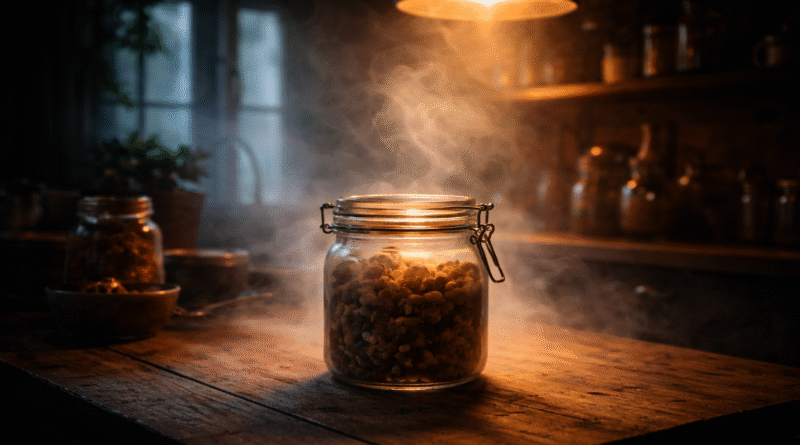 Стаклена тегла полна со ореви на дрвена маса во топло, мистично осветлена кујна – природна храна за здраво срце и остар ум.