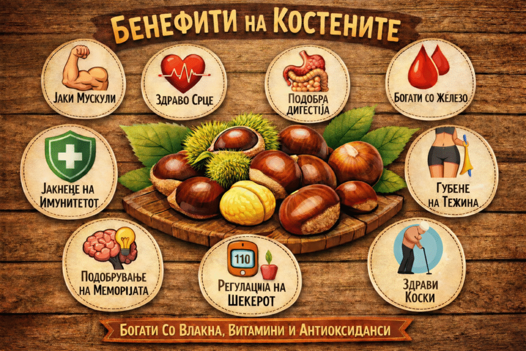 Illustration depicting the benefits of chestnuts, including strong muscles, heart health, improved digestion, and rich in vitamins and antioxidants.