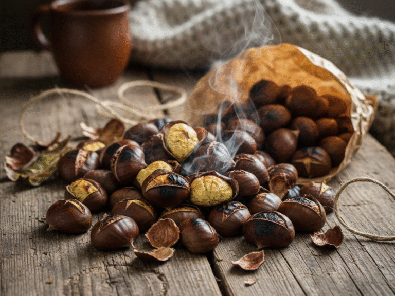 Рустикален приказ на купче топли, тукушто печени костени од кои излегува пареа, поставени на стара, груба дрвена маса. Костените се со засечени лушпи низ кои се гледа златно-жолтата внатрешност. Во позадина се гледаат кафеава керамичка шолја, неколку стари книги и меко плетено ќебе, што создава пријатна и топла домашна атмосфера.“