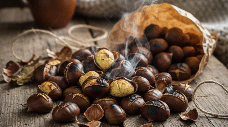 Рустикален приказ на купче топли, тукушто печени костени од кои излегува пареа, поставени на стара, груба дрвена маса. Костените се со засечени лушпи низ кои се гледа златно-жолтата внатрешност. Во позадина се гледаат кафеава керамичка шолја, неколку стари книги и меко плетено ќебе, што создава пријатна и топла домашна атмосфера.“