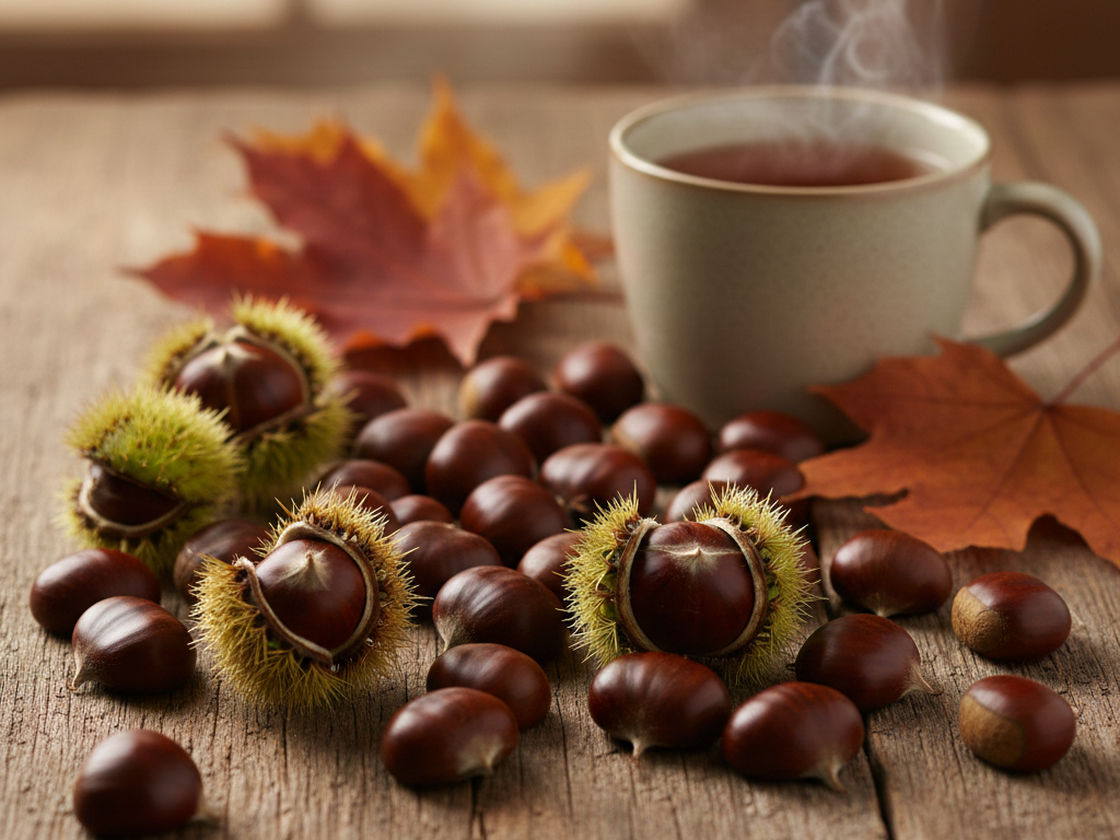 Chestnuts with spiky shells and smooth brown nuts arranged on a wooden surface beside a steaming cup of tea and autumn leaves.