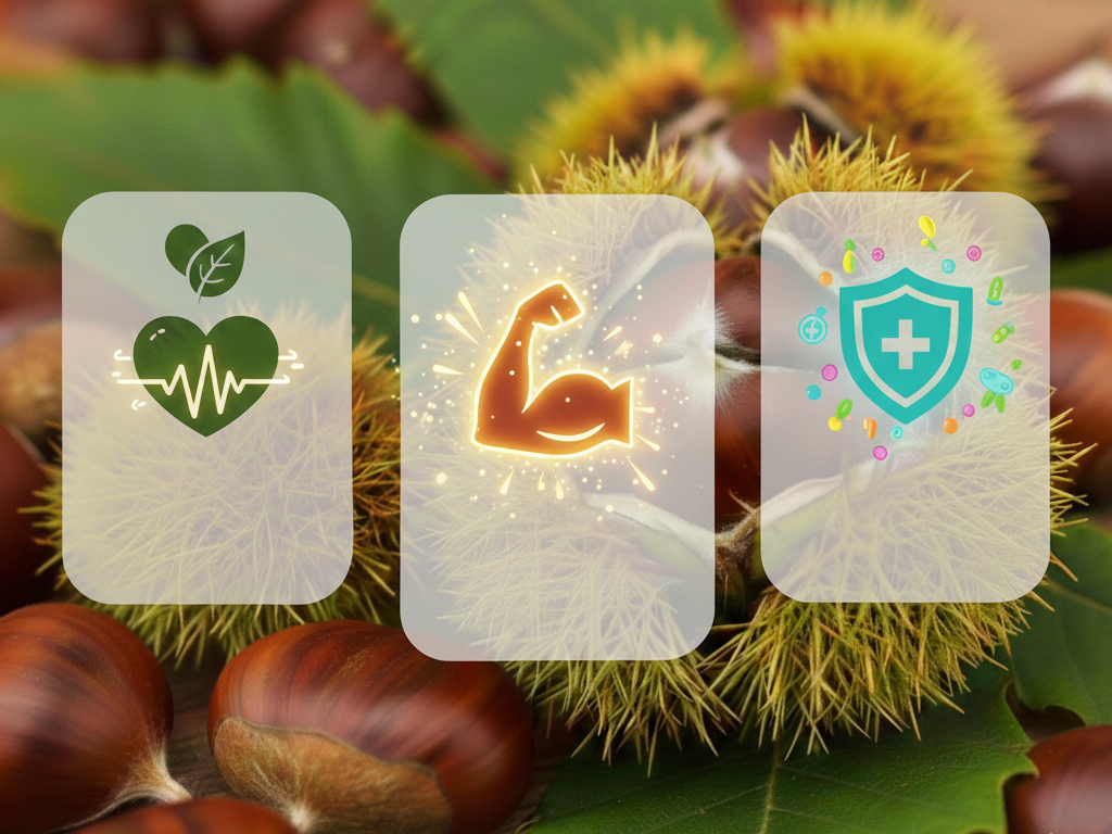 Three icons representing health, strength, and protection overlaid on a background of chestnuts and leaves.