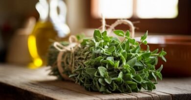 Freshly harvested oregano bundle tied with twine resting on a wooden surface.