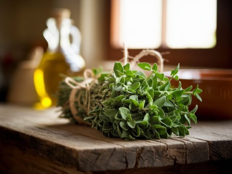 Freshly harvested oregano bundle tied with twine resting on a wooden surface.