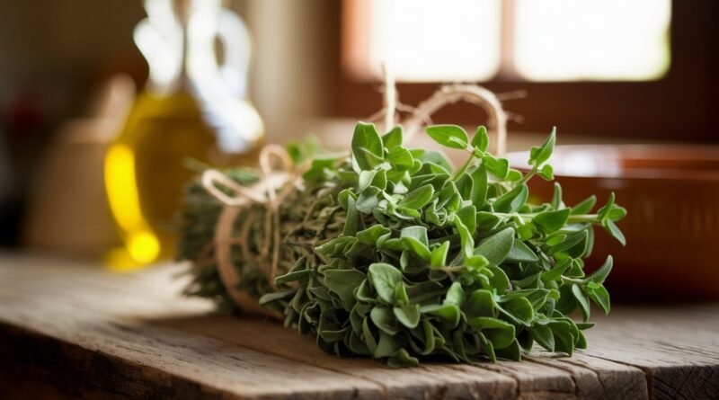 Freshly harvested oregano bundle tied with twine resting on a wooden surface.