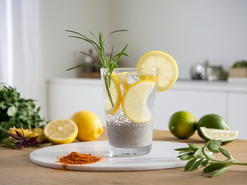 Glass of chia seed drink garnished with lemon slices and rosemary, surrounded by fresh lemons, limes, and herbs on a wooden surface.