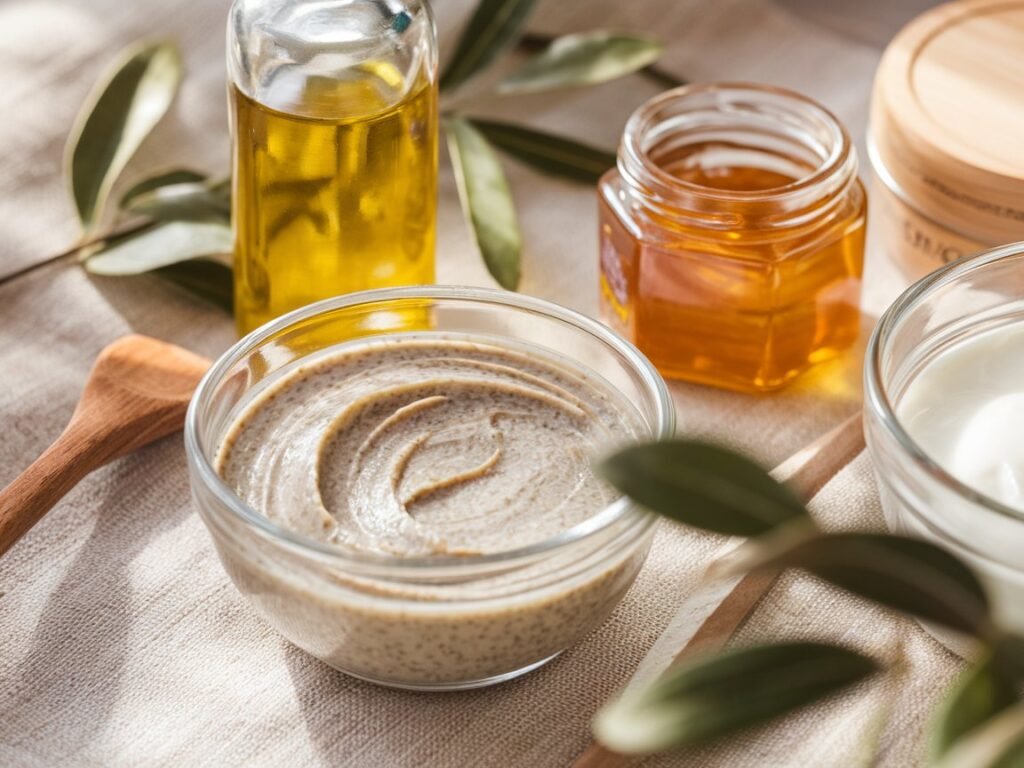 Bowl of natural nut butter with a smooth texture, surrounded by jars of honey and oil, and a wooden spoon on a textured surface.