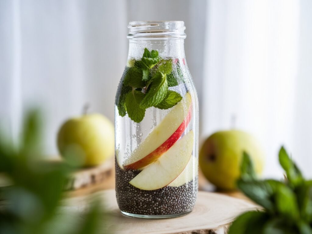 Glass bottle filled with water, apple slices, and mint leaves, showcasing a refreshing beverage with chia seeds.