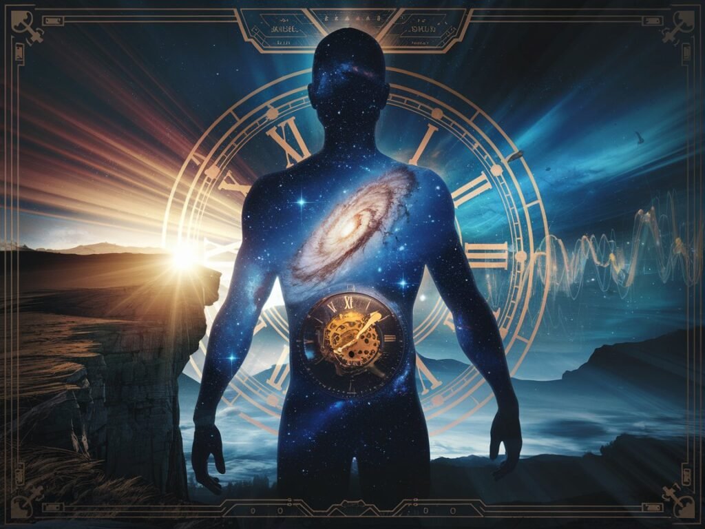 Silhouette of a human figure with a galaxy and clock design integrated into the body, set against a cosmic background.