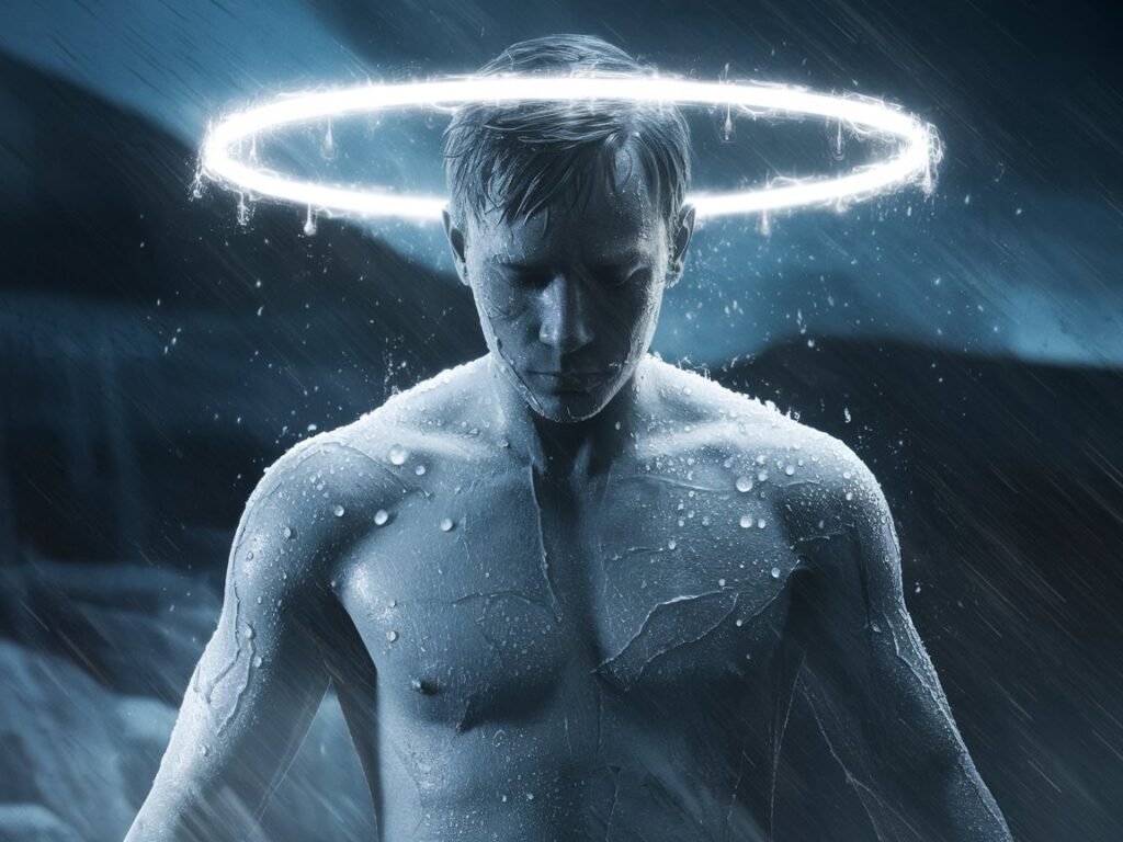A man with a glowing halo above his head, standing in the rain with water droplets on his skin, creating a dramatic and cinematic effect.