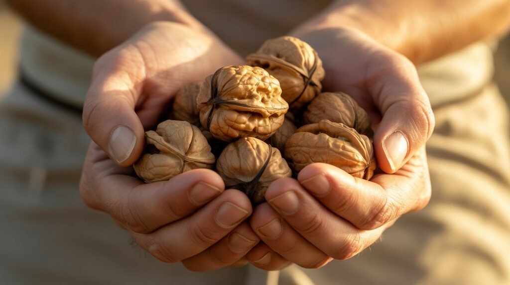Hands holding a collection of whole walnuts with their shells, showcasing the natural texture and color of the nuts.