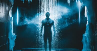 Silhouette of a person standing under a waterfall in a dark, icy environment with mist and illuminated walls.