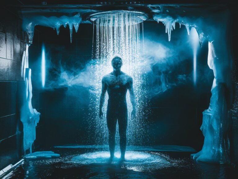 Silhouette of a person standing under a waterfall in a dark, icy environment with mist and illuminated walls.